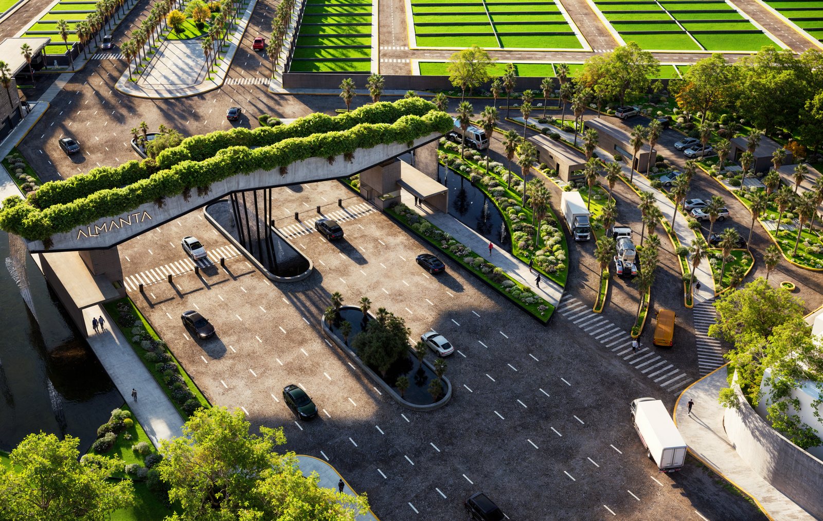 Render aéreo del pórtico de Almanta